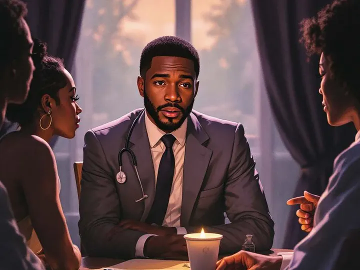 A circle of people in a candlelit room listen as a man in a suit speaks, a notebook and candle on the table between them.