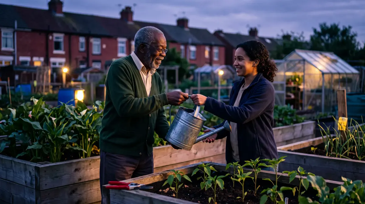 Barry, in his green cardigan, hands a watering can to a younger woman at a community allotment at dusk, red-brick terraces behind them.