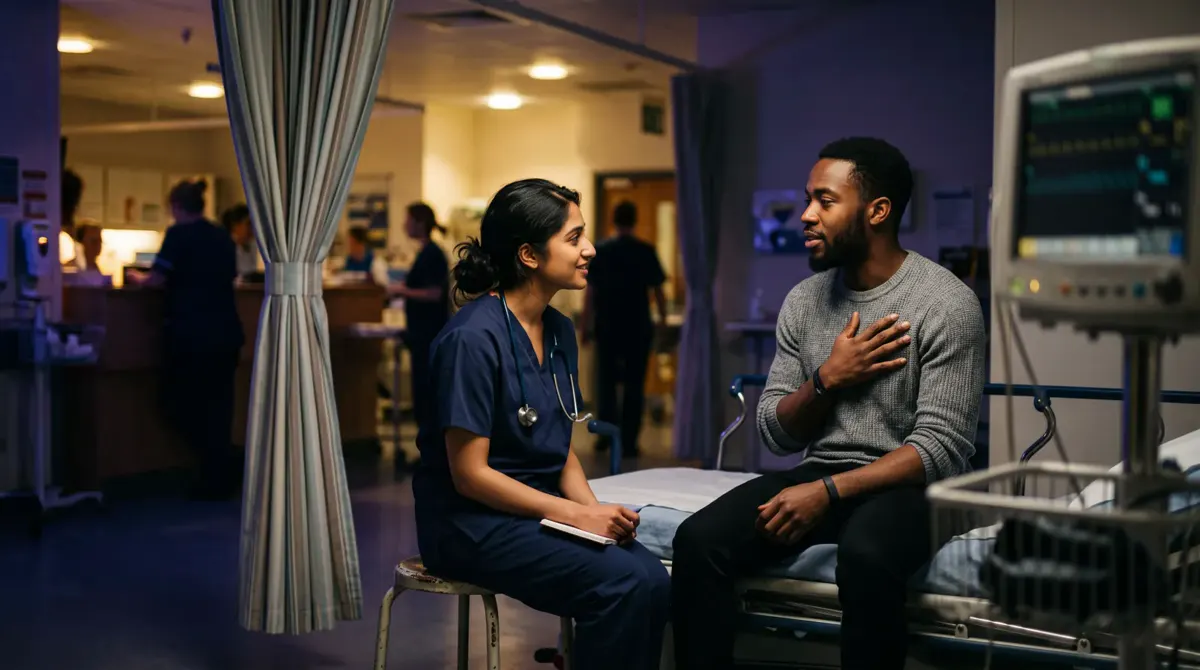 In an emergency department cubicle, a South Asian doctor in navy scrubs sits on a stool beside a young Black man in a grey jumper, who rests a hand on his chest as he explains how he feels.