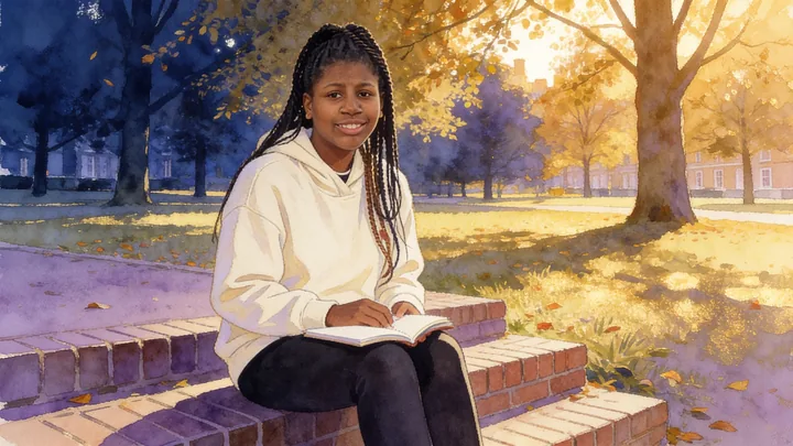 Imani, a teenage girl with long dark braids and a cream hoodie, sits on brick steps in a park with a notebook, smiling.