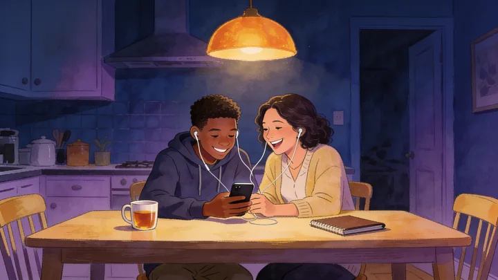 A teenage boy and his mother share headphones at the kitchen table, laughing.