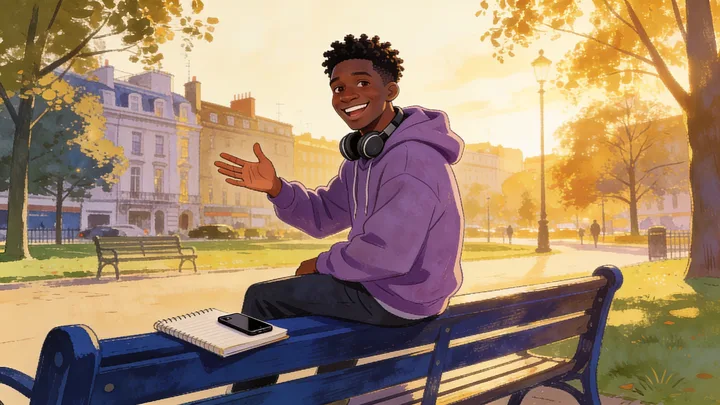 Kwame, a young man in a lavender hoodie, sits on a park bench talking with an open hand.