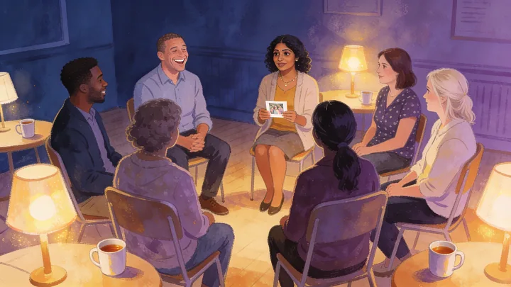 A circle of parents in a warm lamplit room, listening to one another.