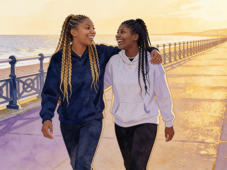 Zara and Imani, two teenage sisters with long braids, walk arm in arm along a seafront promenade at golden hour, laughing.