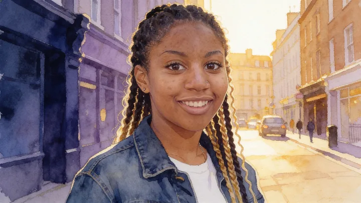 Zara, a teenage girl with long braids tipped in honey-blonde and a denim jacket, smiles in a city street at golden hour.