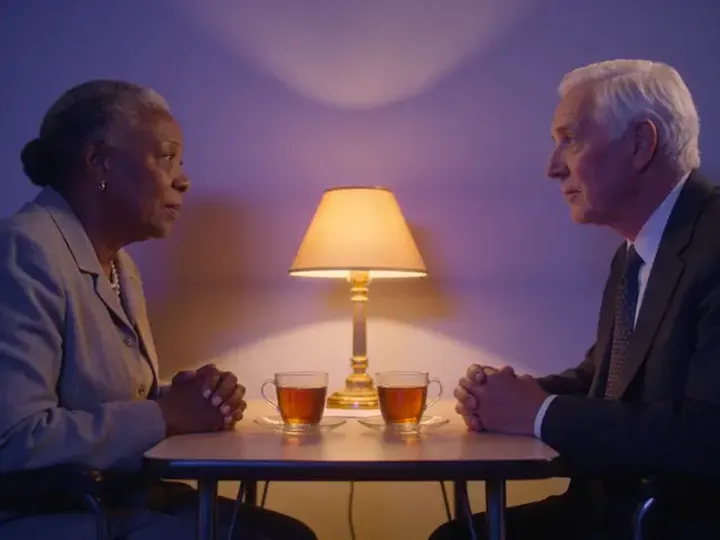 An older Black woman and an older white man sit across a small table under a lamp, two cups of tea between them.