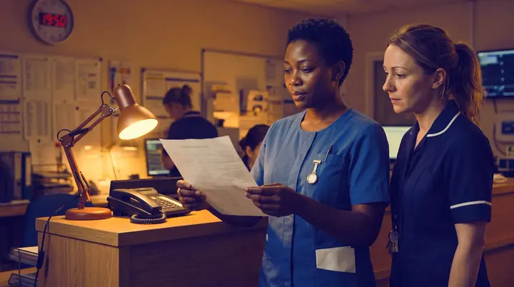 Two nurses at the lamplit nurses' station on Ward 9, one holding the allocation sheet.