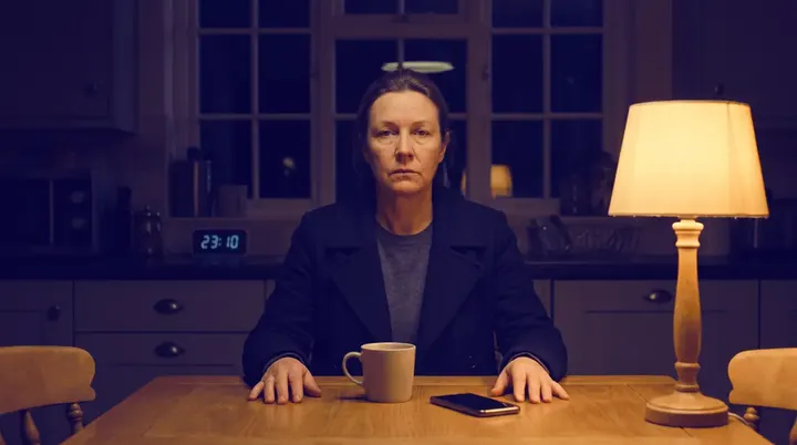 Karen at her kitchen table late at night, still in her coat, a lamp on and a mug in front of her.