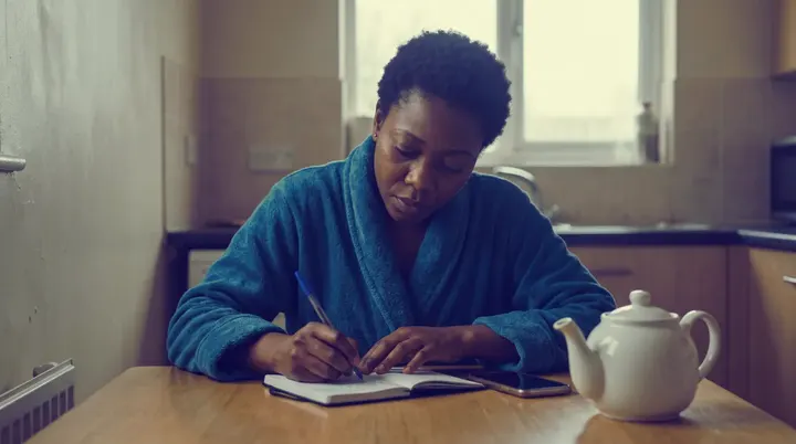 Grace in her dressing gown at the kitchen table, writing in a notebook beside a teapot.