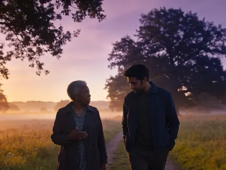 An older Black woman and a younger man walk side by side along a field path at dawn, mist behind them.