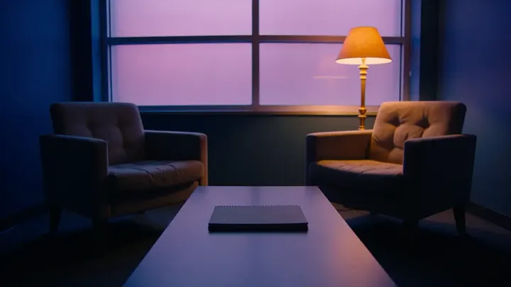 An empty supervision room at dusk: two armchairs, a low table with a closed folder, a lamp lit by the window.
