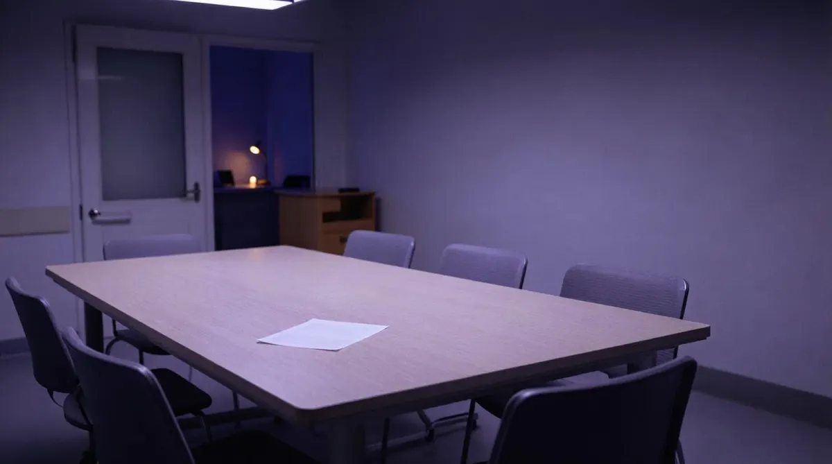 The handover room on an inpatient ward at night, a table and chairs under low light.