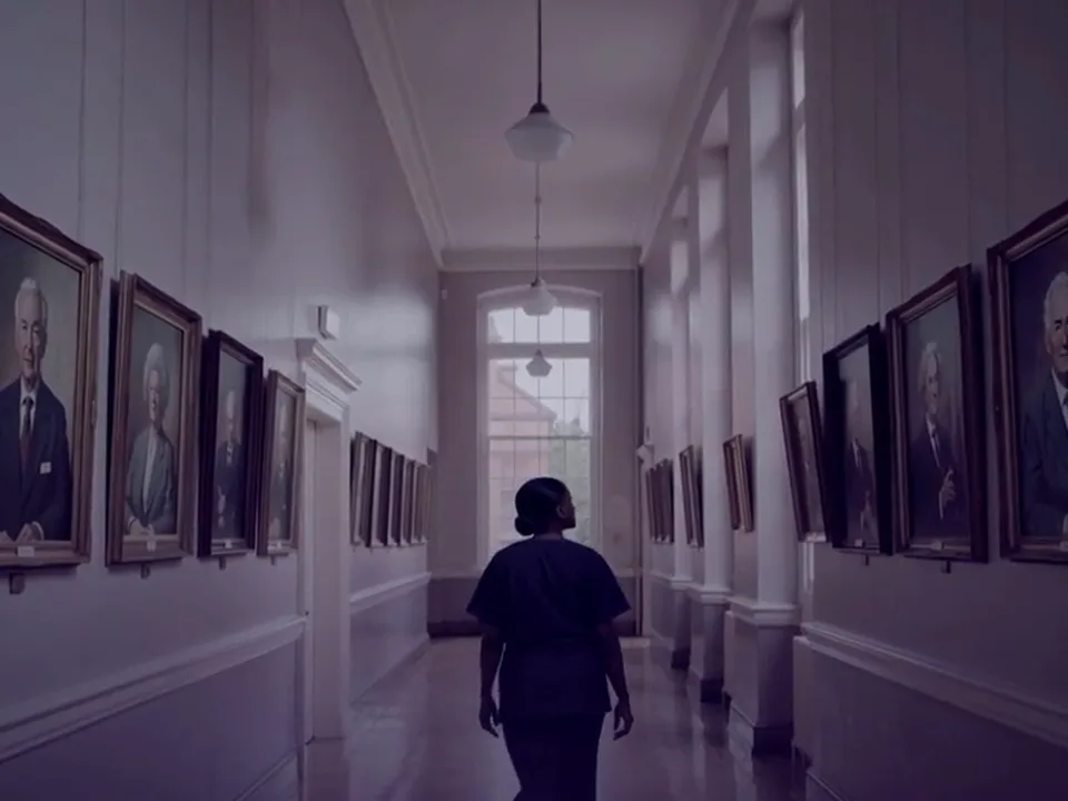 A nurse walks alone down a hospital corridor lined on both sides with framed portraits of past leaders.